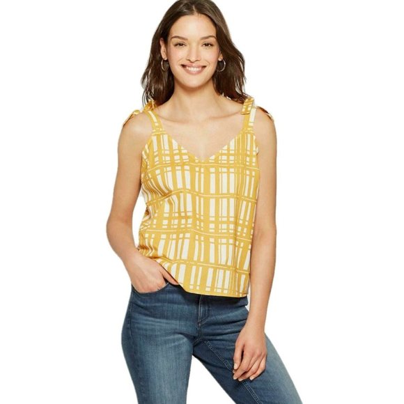 UNIVERSAL THREAD Cotton Yellow Plaid Tie Tank Top szL - Picture 2 of 13